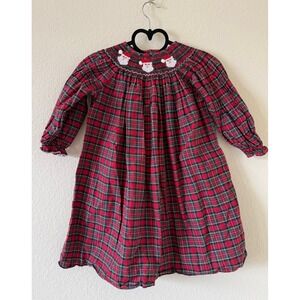 Vintage Southern Sunshine Girls Red Plaid Santa Smocked Christmas Dress 4T